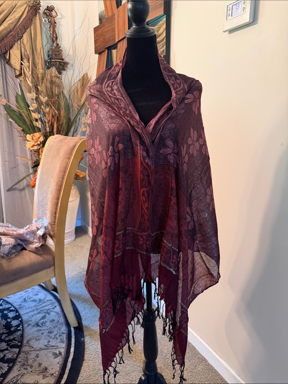 Elegant Maroon Floral Shawl Scarf - Unbranded